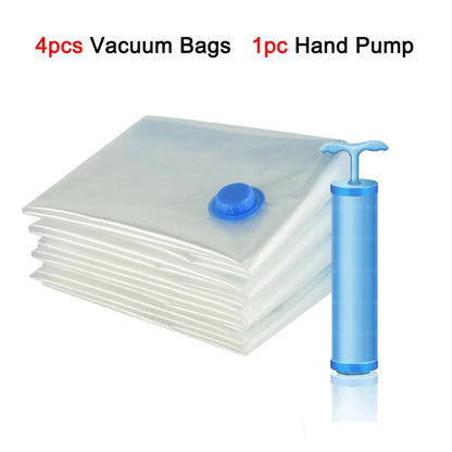 4pcs Reusable Transparent Vacuum Bags — Folding Compressed Space-Saving Storage for Clothes & Travel