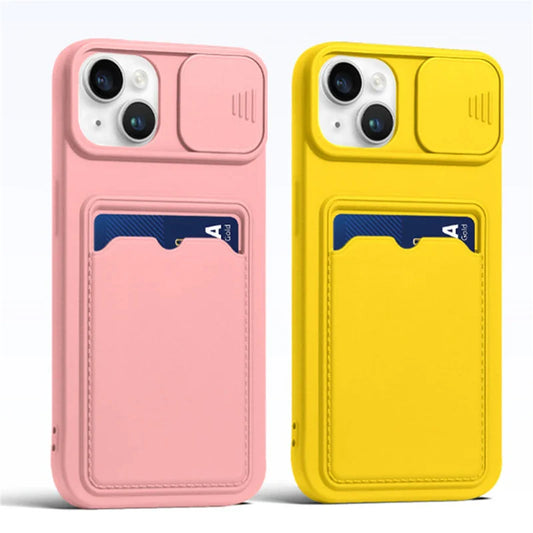 Slide Camera Protection Wallet Phone Case for iPhone – Soft Silicone Card Holder Cover for iPhone 16/15/14/13/12/11 Pro Max, XR, XS Max, 8 Plus Safety Case