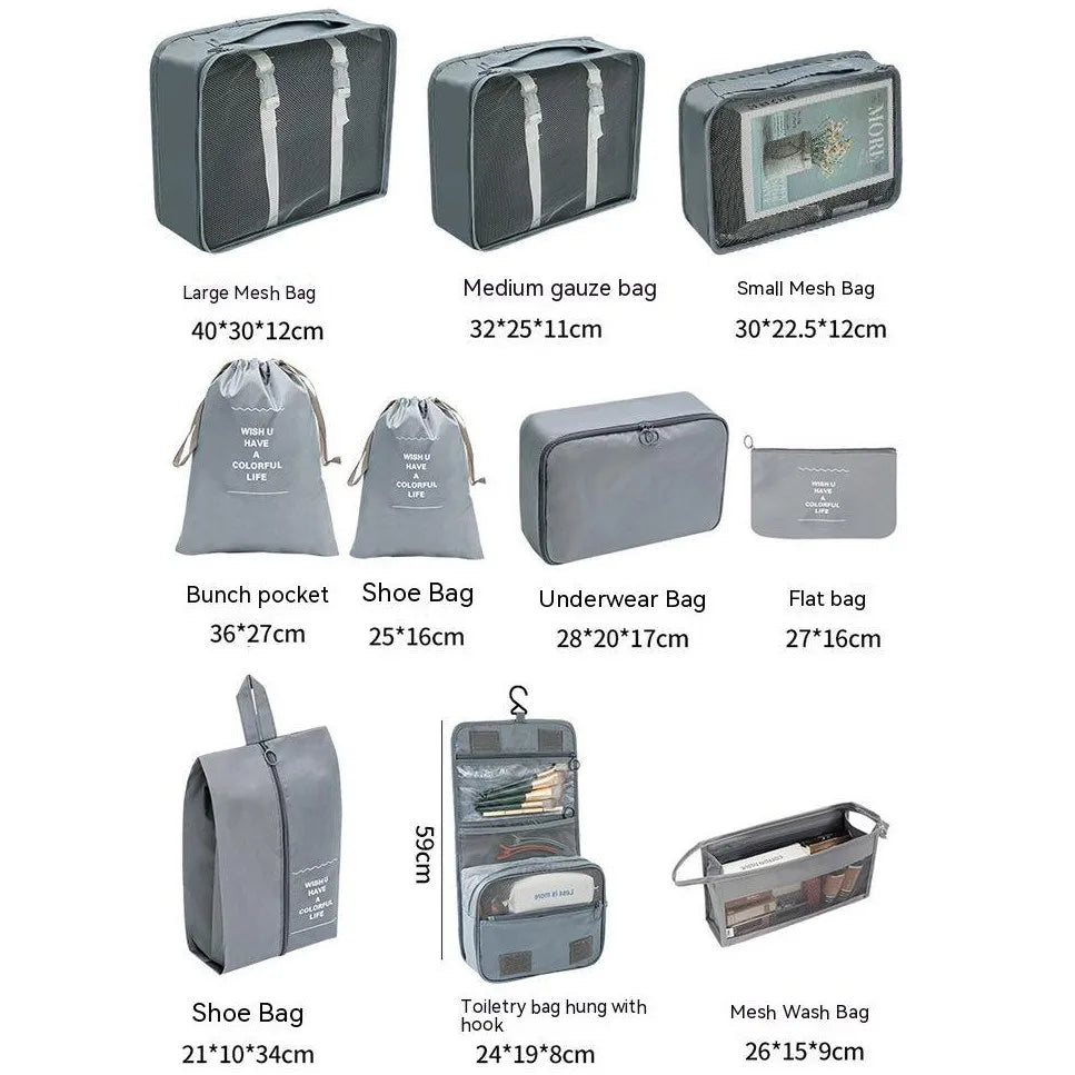 7/8/9/10-Piece Travel Organizer Storage Bags Set - Portable Packing Cubes for Suitcase, Luggage, Clothes, Shoes, Tidy Pouches, Folding Design