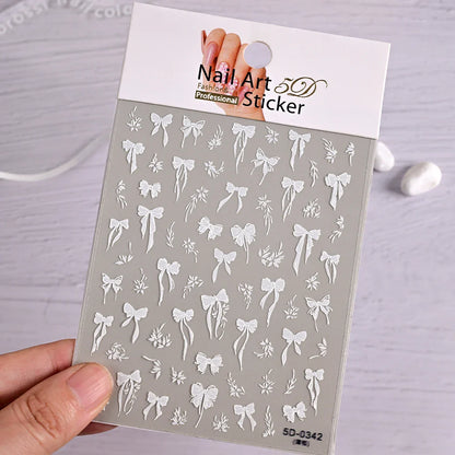 5D Pink & White Bowknot Nail Stickers – Self-Adhesive Kawaii Ribbon Nail Art Decals for DIY Manicure & Nail Decoration