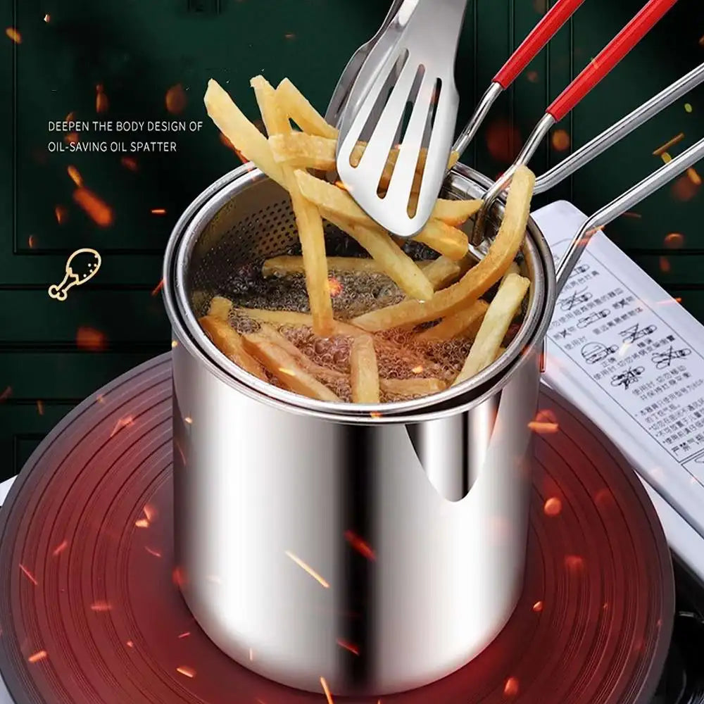 Stainless Steel Deep Frying Pot with Strainer | Kitchen Fryer for Tempura Chicken Cooking | Fry Pan Cooking Tools