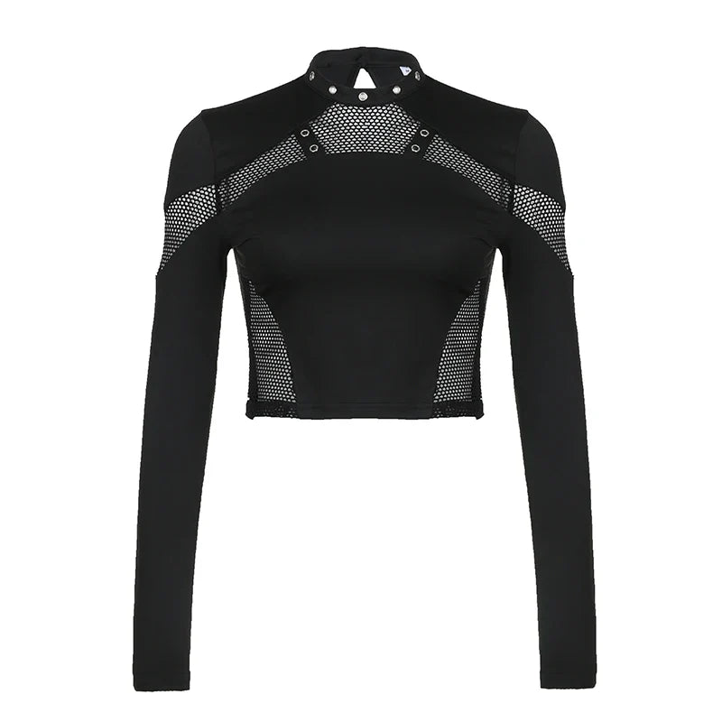 CIBBAR Gothic Black Crop Top - Chic See-Through Mesh Patchwork, Full Sleeve Skinny Basic T-Shirt for Women, Punk Style Stitched