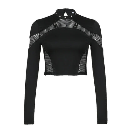 CIBBAR Gothic Black Crop Top - Chic See-Through Mesh Patchwork, Full Sleeve Skinny Basic T-Shirt for Women, Punk Style Stitched