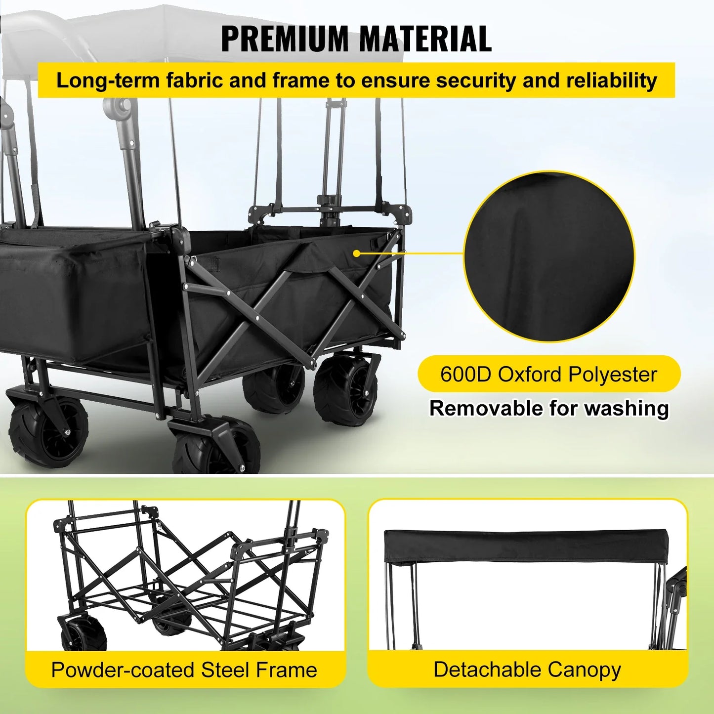 VEVOR Folding Wagon Cart with Adjustable Handle & Removable Canopy – Collapsible Oxford Cloth Utility Cart for Camping, Beach & Outdoor Use