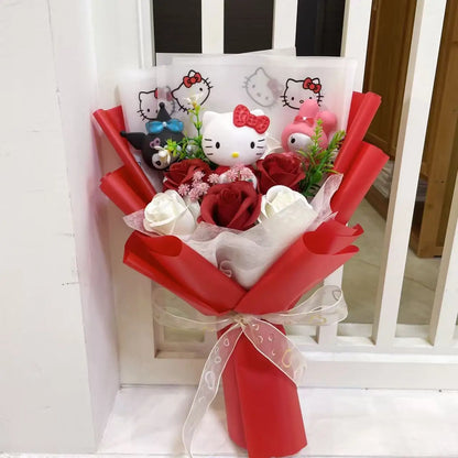 Kawaii Hello Kitty Cat Dolls with Artificial Flowers – Creative Sanrio Bouquet for Christmas, Valentine’s & Birthday Graduation Gifts