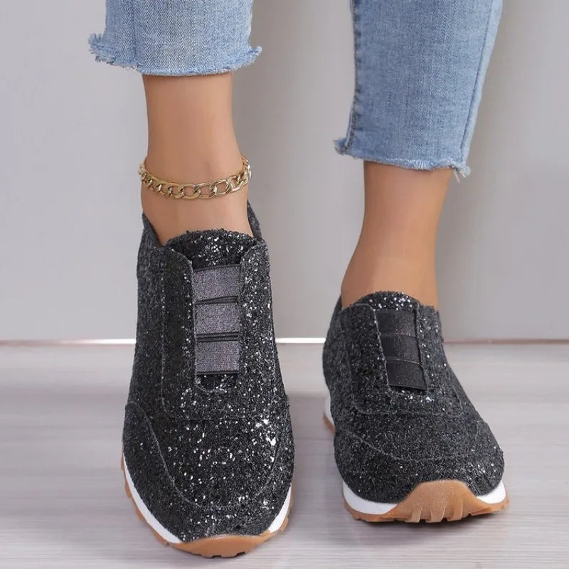 2024 Autumn Women’s Slip-On Low Heel Sneakers – Gold & Silver Casual Outdoor Walking Sport Shoes