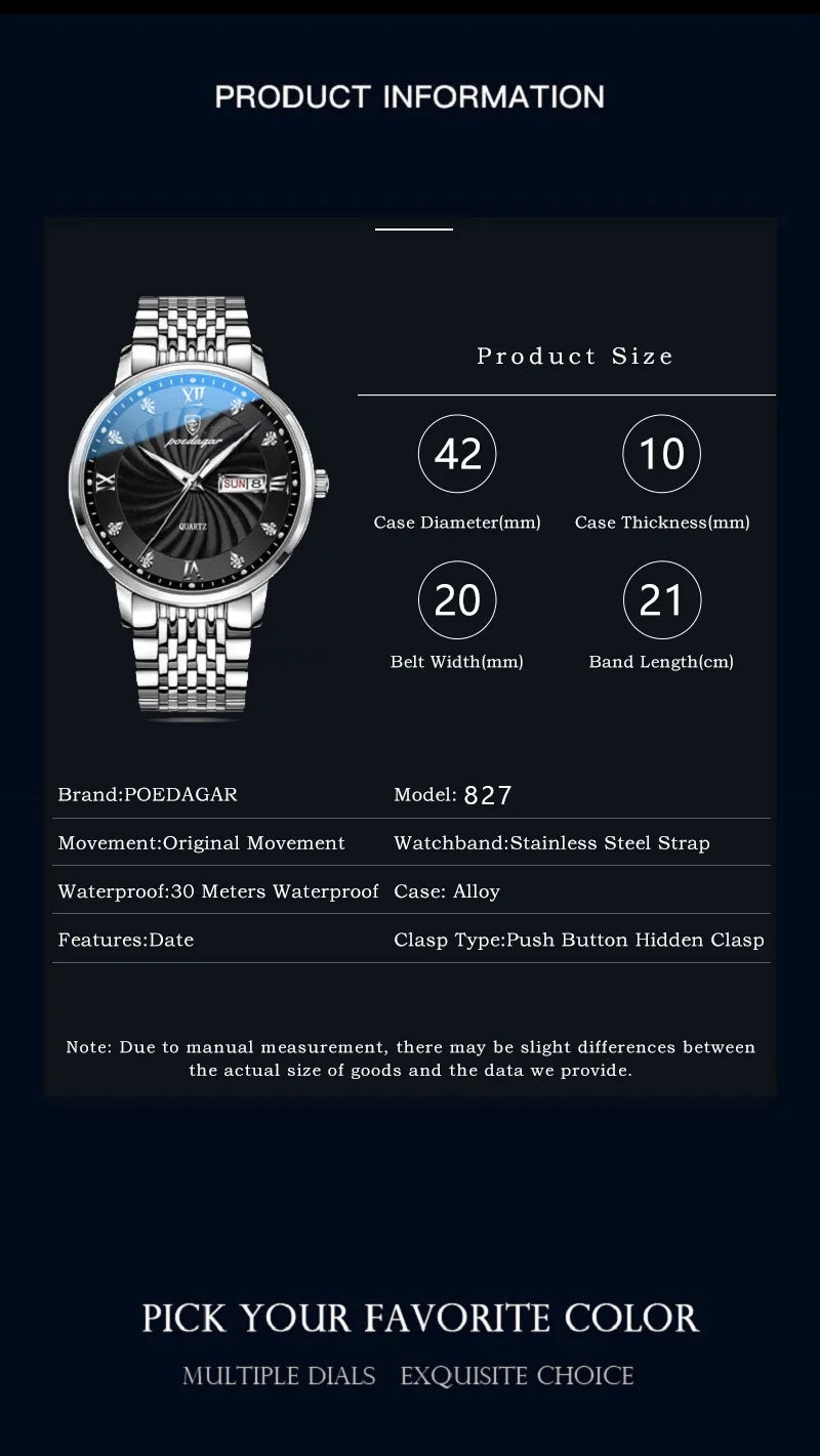 POEDAGAR Luxury Men's Watch — Waterproof Luminous Quartz Wristwatch with Date & Week, Stainless Steel Sports Fashion