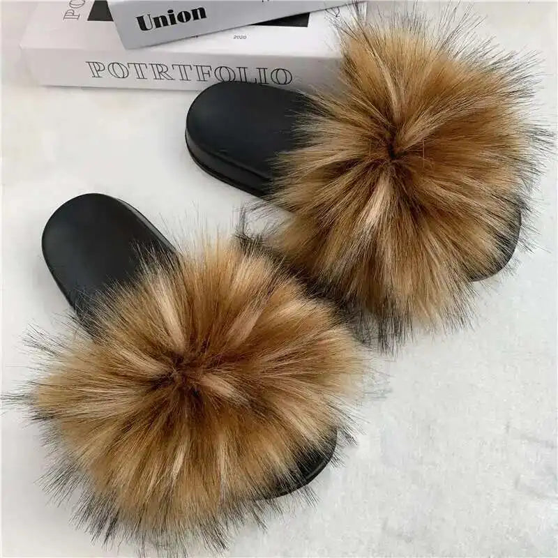 Summer Faux Fur Slippers for Women – Indoor Plush Furry Slides, Fluffy Flip Flops & Casual House Shoes