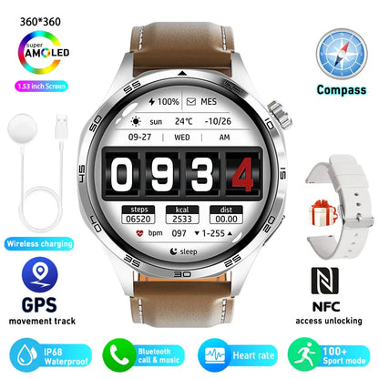 2025 GPS NFC Smartwatch for Men – 360x360 AMOLED HD Screen, Bluetooth Call, Waterproof, Compatible with Huawei Watch 5 Pro