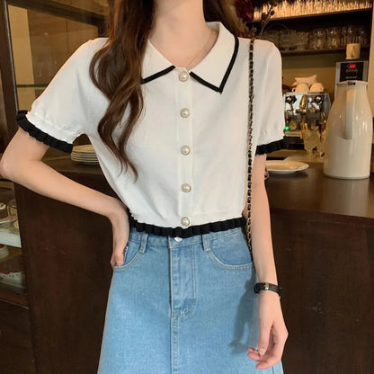 Women’s Summer Knitted Blouse — Chic Retro Slim Short Sleeve Crop Top, All-Match Style