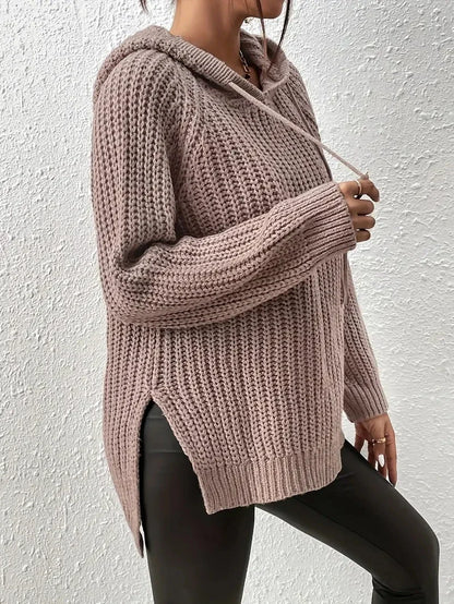Women’s Hooded Raglan Sleeve Sweater – Split Hem Drawstring Cozy Pullover for Casual Wear