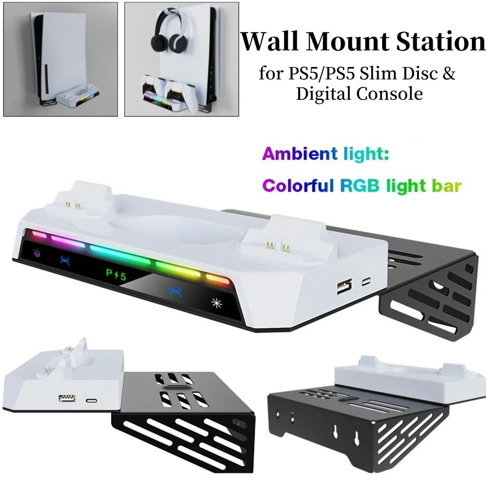 PS5 & PS5 Slim Wall Bracket Dual Controller Charger – RGB LED Metal Wall-Mounted Stand for Disc & Digital Editions