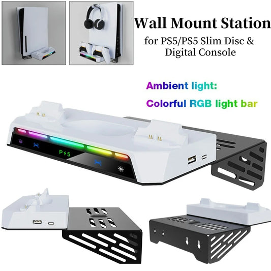 PS5 & PS5 Slim Wall Bracket Dual Controller Charger – RGB LED Metal Wall-Mounted Stand for Disc & Digital Editions