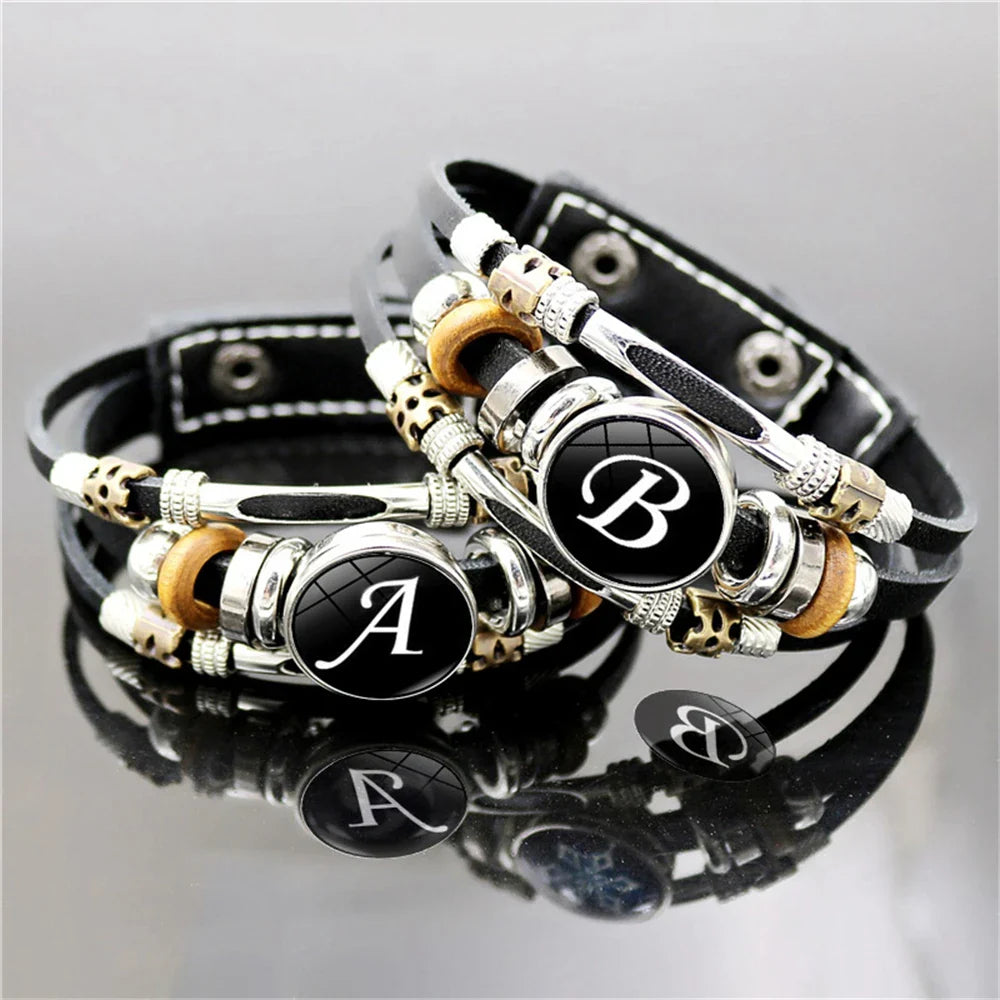 Retro A-Z Initial Alphabet Bracelet – Adjustable Leather & Handmade Rope Bangle for Men & Boys, Perfect Gift Jewelry