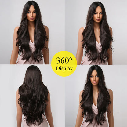 ALAN EATON Black Long Wavy Synthetic Wig – Natural Afro Hair, Middle Part, Heat-Resistant Fiber for Daily Use