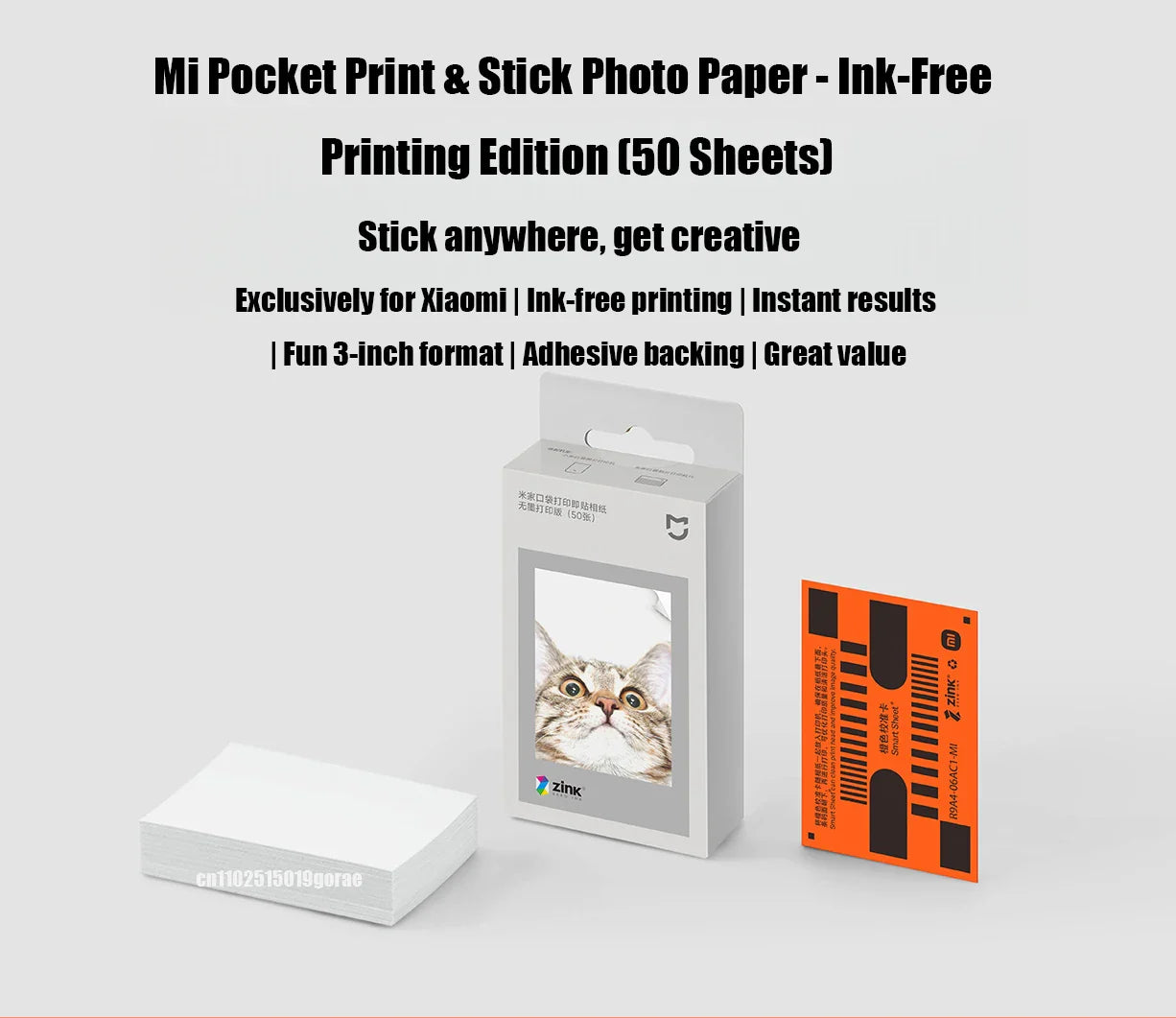Original Xiaomi ZINK Pocket Printer Paper — 50 Self-Adhesive 3-Inch Sheets for Xiaomi Mini Photo Printer
