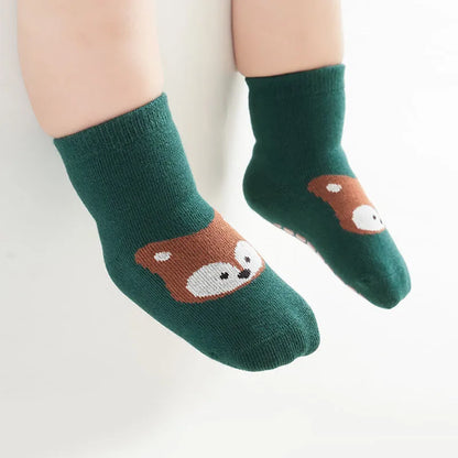 Kids Cartoon Fox & Bear Non-Slip Socks - 6 Pairs Comfortable Floor Socks for Toddlers