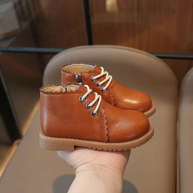 Girls’ Leather Ankle Boots 2024 — Spring & Autumn Lace-Up Side Zipper Rubber Boots, Sizes 21-30