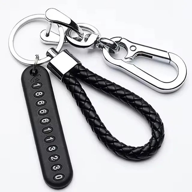 Trendy DIY Mobile Number Plate Keychain – Men’s Punk Woven Leather Rope, Anti-Lost Car Keychain Accessory