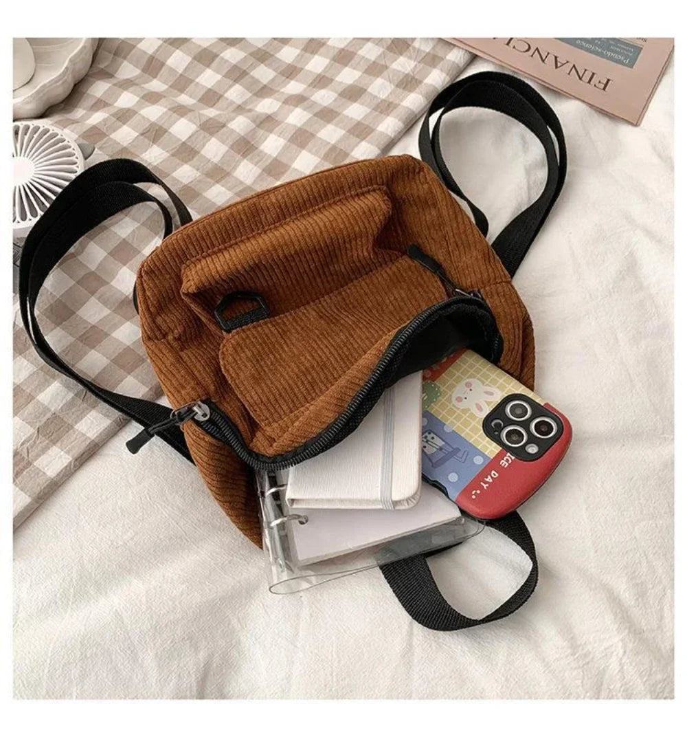 Women's Mini Backpack - Fashionable Solid Color Corduroy Casual Schoolbag with Large Capacity