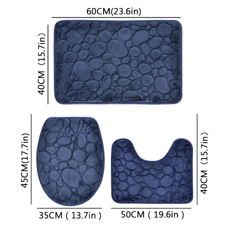 Solid Color Bathroom Floor Mat Set – Water-Absorbing, Non-Slip Stone Pattern, Comfortable & Soft 3-Piece Set