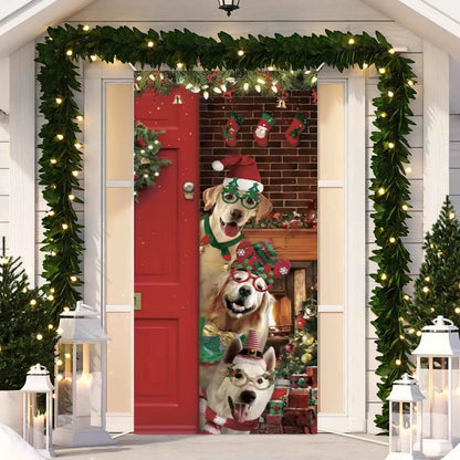 Cute Animals Christmas & New Year Door Cover – Dog, Cat, Snowman, Gingerbread Man Holiday Outdoor Winter Decoration Gift