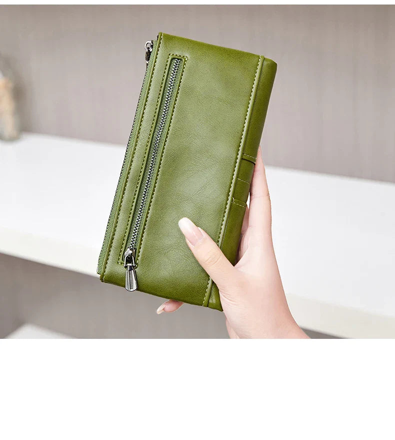 RFID Blocking Large Capacity Wallet – Soft Leather Solid Color Clutch, Multi-Functional Zipper Purse for Women & Men