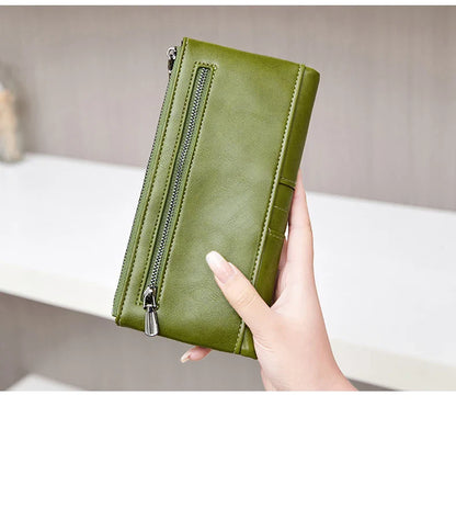 RFID Blocking Large Capacity Wallet – Soft Leather Solid Color Clutch, Multi-Functional Zipper Purse for Women & Men