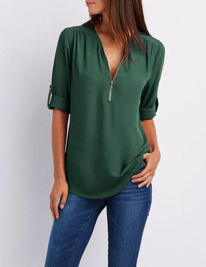 Women’s 2025 Hot Sale Loose Chiffon Blouse – Deep V-Neck Casual Top with Zipper Pullover Plus Size