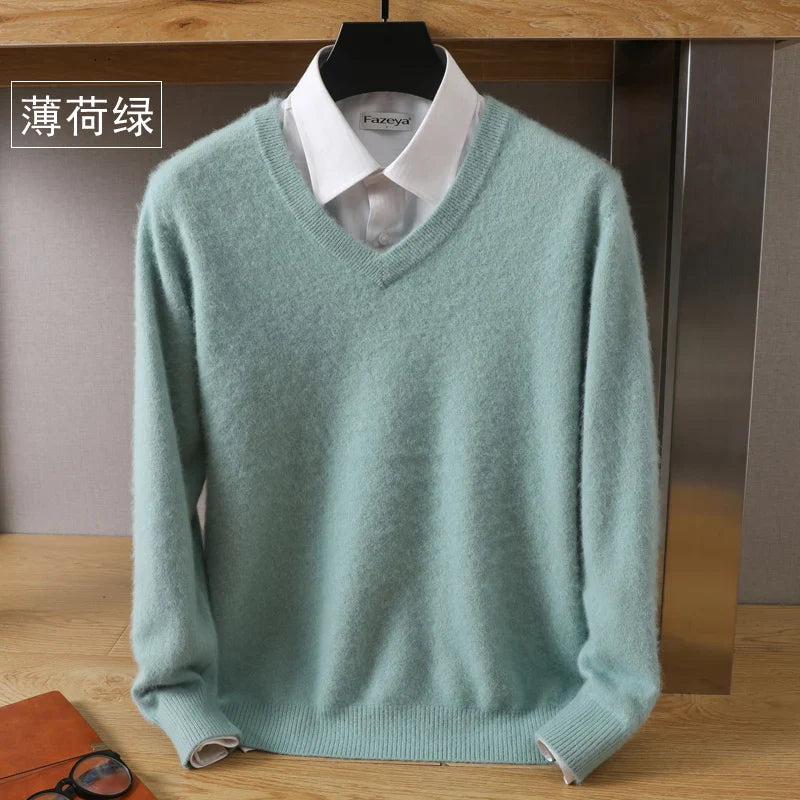 Men’s 100% Pure Mink Cashmere Sweater – V-Neck Knit Pullover, Long Sleeve Winter Jumper, Large Size High-End Top
