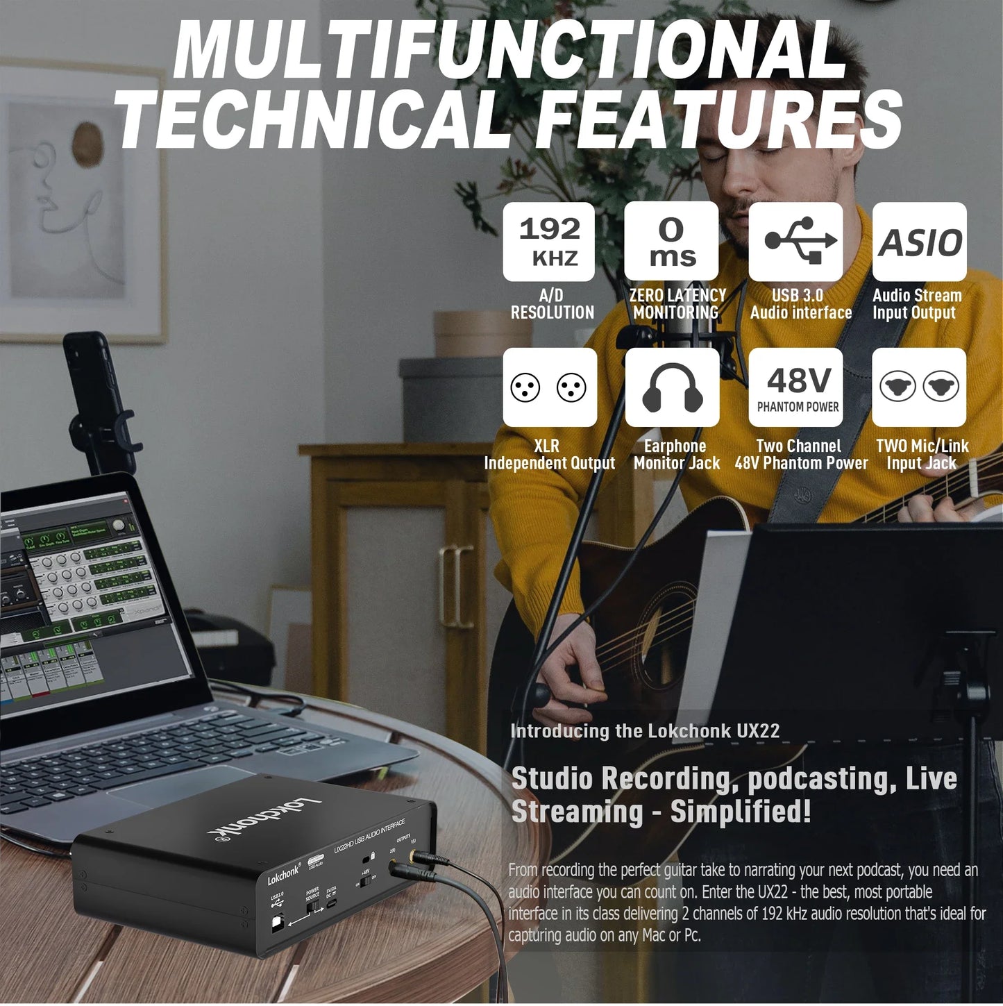 UX22 Audio Interface Sound Card – 32-bit/192KHz AD Converter for Electric Guitar, Live Recording, Studio Singing & Podcast