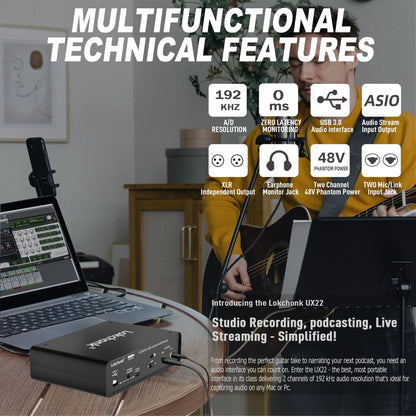 UX22 Audio Interface Sound Card – 32-bit/192KHz AD Converter for Electric Guitar, Live Recording, Studio Singing & Podcast