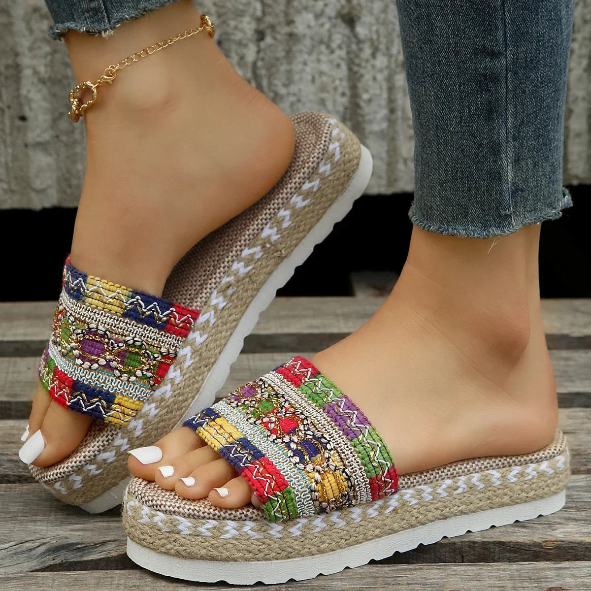 Bohemian Weave Women's Platform Slippers – Handmade Espadrille Sandals, Summer 2023 Beach & Casual Heels