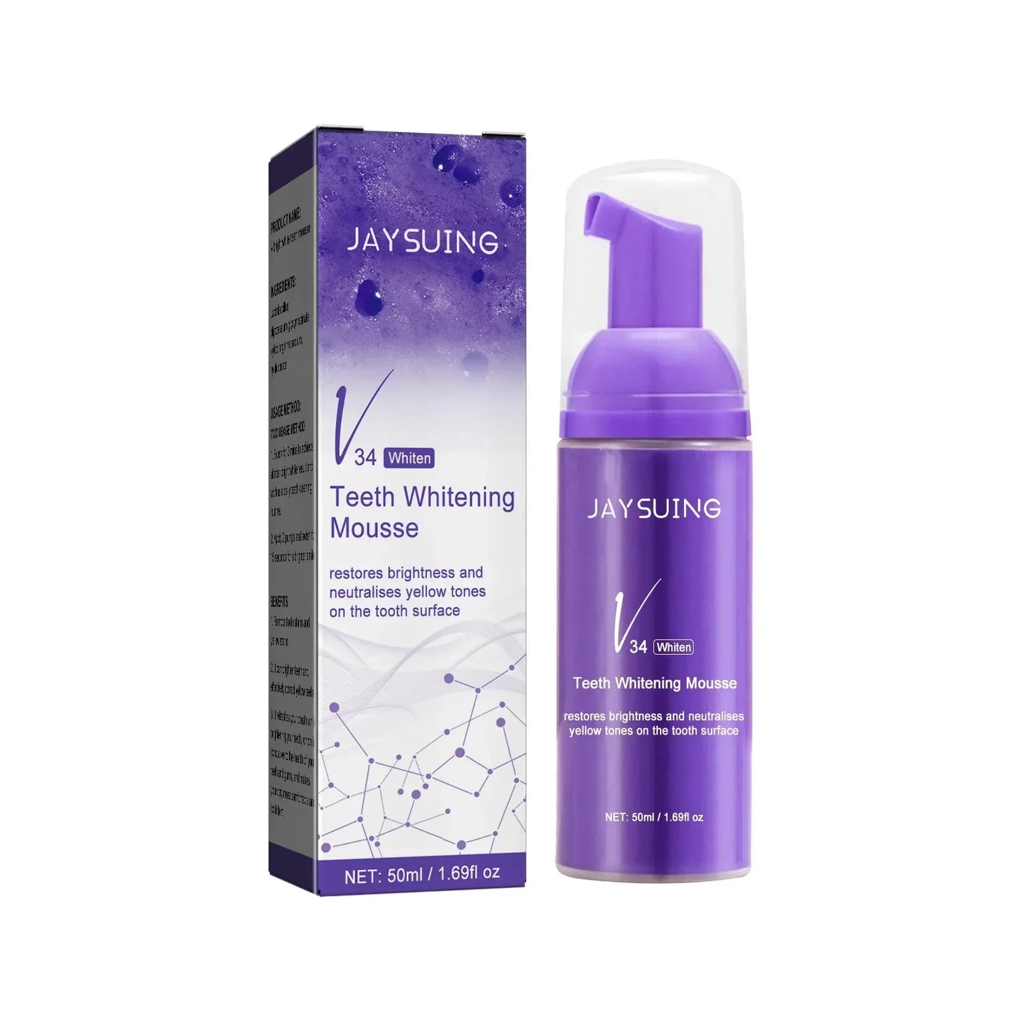 V34 Teeth Whitening Mousse – Color Corrector, Melanin Removal, Stain Cleansing & Tooth Enamel Care Foam Toothpaste