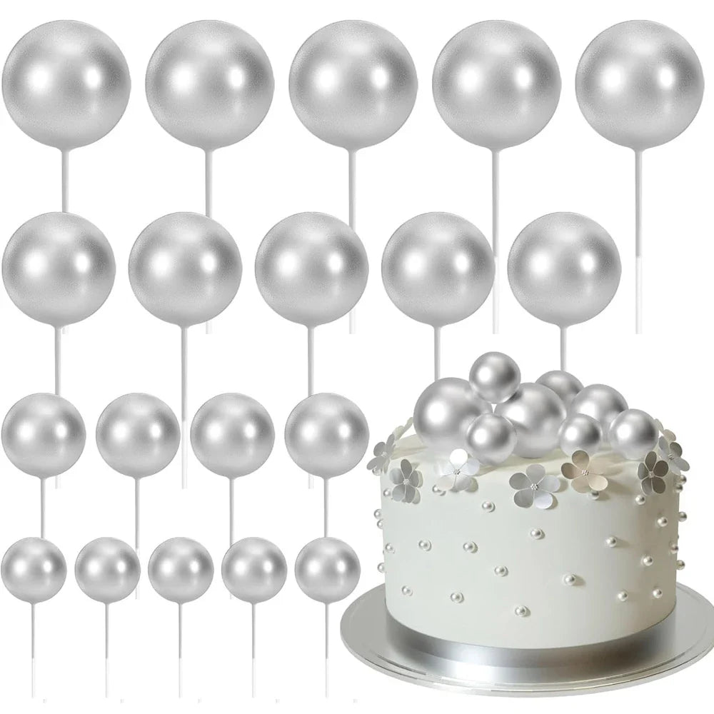 20Pcs Colorful Cake Topper Balls – Gold, Silver & Pastel DIY Cake Decorations for Birthday, Wedding & Party Supplies