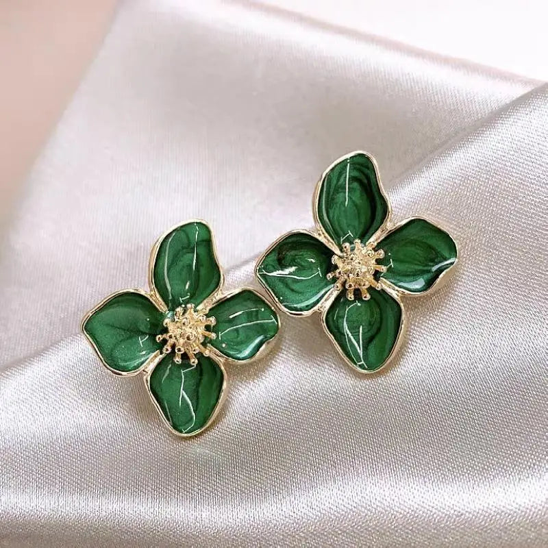 Hibiscus Flower Dropped Glaze Stud Earrings — French Vintage 2024 Fashion Jewelry for Women & Girls, Romantic Wedding Gift