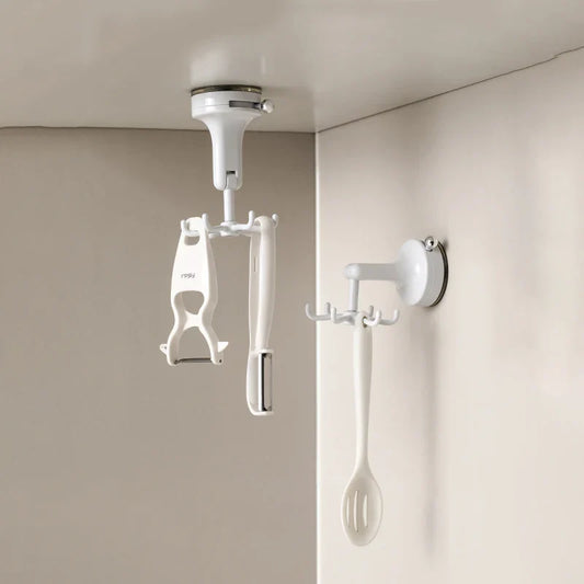 Drill-Free 6-Claw Rotating Suction Cup Kitchen Hook — Rotatable Plastic Wall-Mount Spatula & Cookware Holder