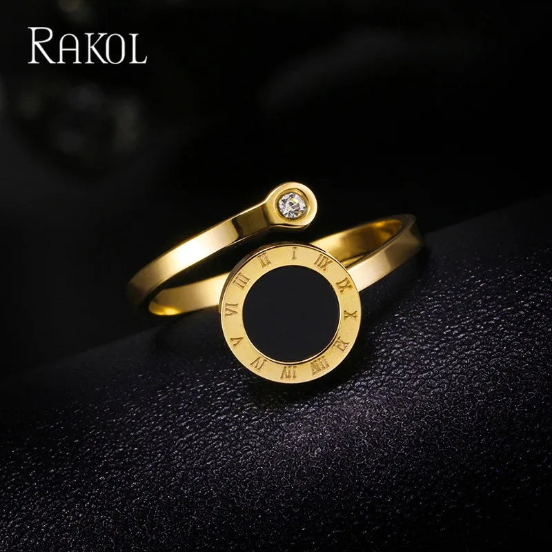 RAKOL 316L Stainless Steel Roman Numeral Ring – Black Shell Adjustable Zircon Tail Ring for Women, Fashion Jewelry