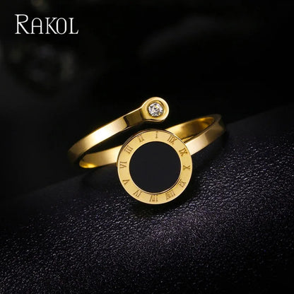 RAKOL 316L Stainless Steel Roman Numeral Ring – Black Shell Adjustable Zircon Tail Ring for Women, Fashion Jewelry