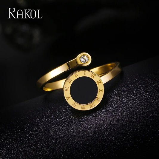 RAKOL 316L Stainless Steel Roman Numeral Ring – Black Shell Adjustable Zircon Tail Ring for Women, Fashion Jewelry