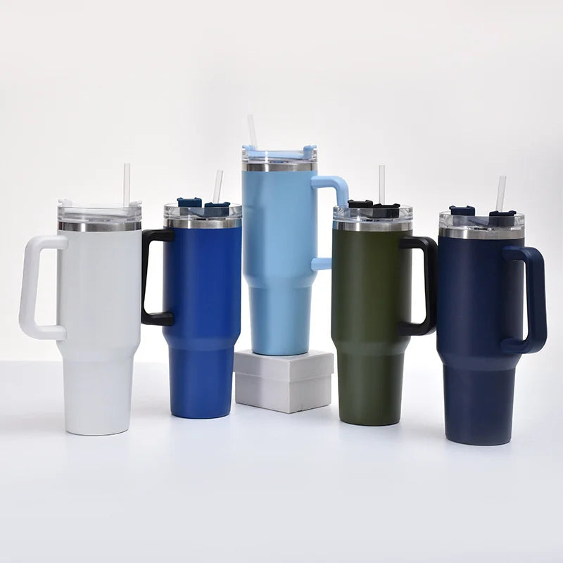 40oz Stainless Steel Insulated Water Bottle with Handle – Cold-keeping Tumbler with Lid, Straw, and Mug for Summer Outdoor Activities