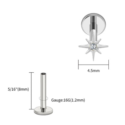 Right Grand ASTM F136 Titanium CZ North Star 16G Flat Back Earring – Tiny Starburst Helix, Cartilage & Earlobe Stud Piercing Jewelry
