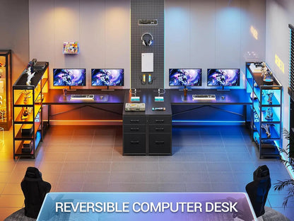 L-Shaped Gaming Desk – Reversible U Shaped Computer Desk with Power Outlet, Storage Shelves & LED Lighting