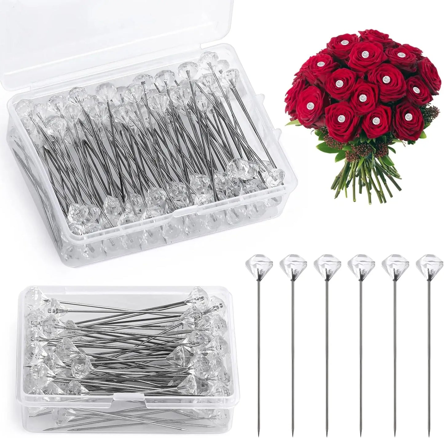 KRABALL 100pcs Diamond Bouquet Pins – Crystal Rhinestone Floral Corsage Pins for Wedding Bouquets & Bridal Decorations