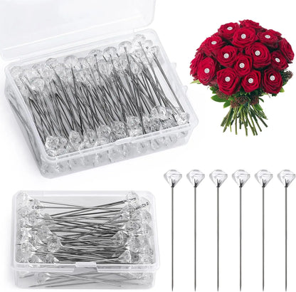 KRABALL 100pcs Diamond Bouquet Pins – Crystal Rhinestone Floral Corsage Pins for Wedding Bouquets & Bridal Decorations