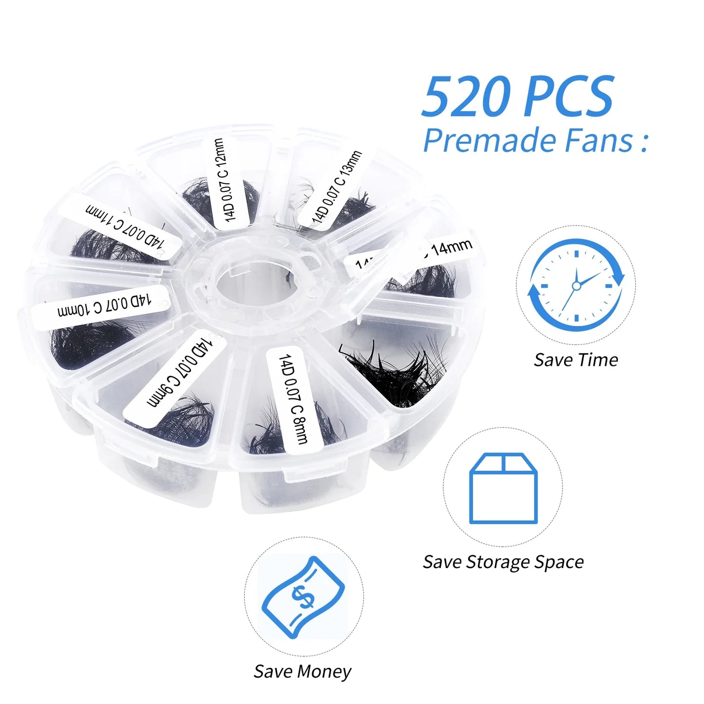 Wendy Lash Premade Volume Fans – 3D/5D/6D/10D/14D/16D Thin Root Eyelash Extensions, Sharp Pointy Stem, 520 Loose Lashes