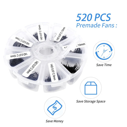 Wendy Lash Premade Volume Fans – 3D/5D/6D/10D/14D/16D Thin Root Eyelash Extensions, Sharp Pointy Stem, 520 Loose Lashes
