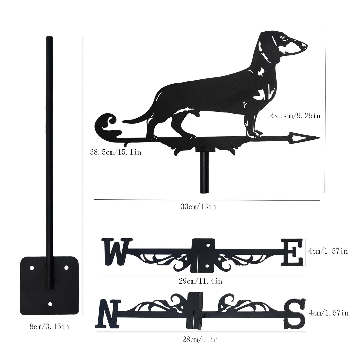 New Metal Dachshund Weather Vane - Standing Decor for Roof, Garden, Yard, Shed, Home, Fence Post