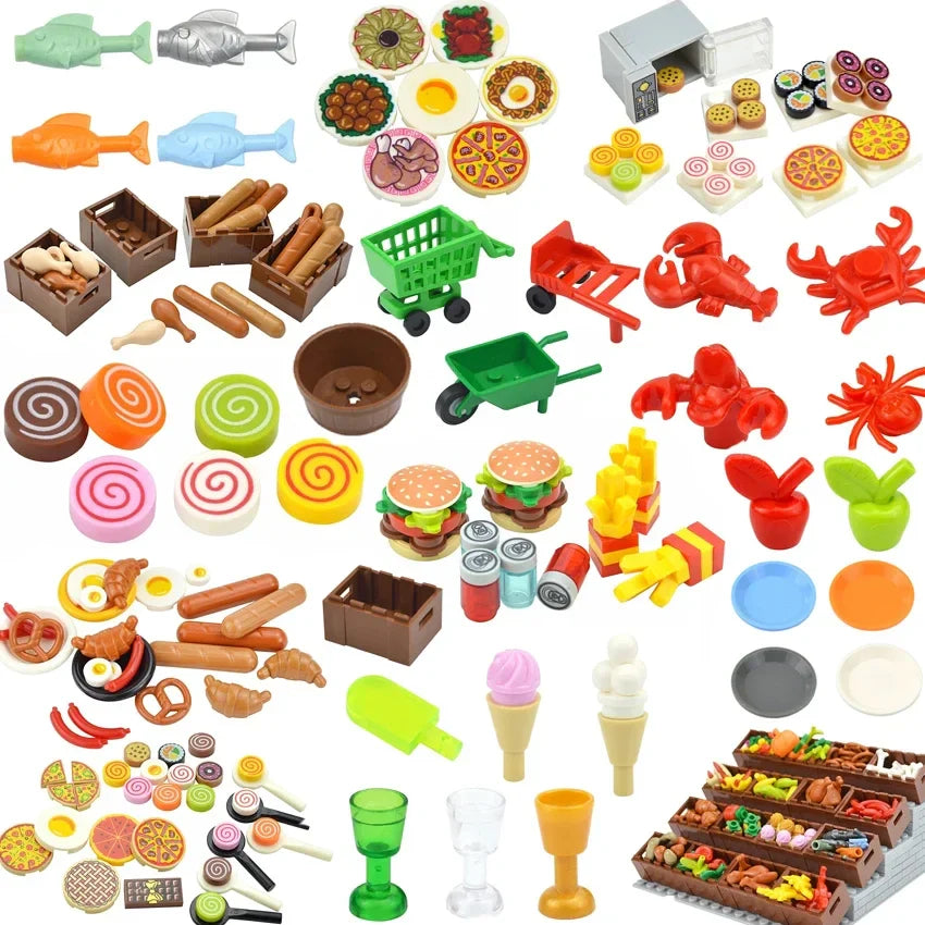 DIY Mini Food Building Block Figures – Bread, Fish, Fruit, Chicken, Crab, Hot Dog, Cake, Pizza & Carrot Creative Toy Bricks