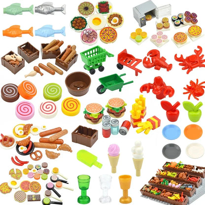 DIY Mini Food Building Block Figures – Bread, Fish, Fruit, Chicken, Crab, Hot Dog, Cake, Pizza & Carrot Creative Toy Bricks